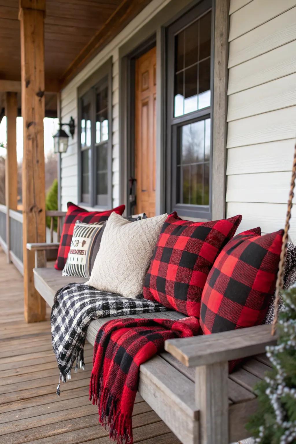 Buffalo checks adding a rustic charm, making it a cozy outdoor setting.