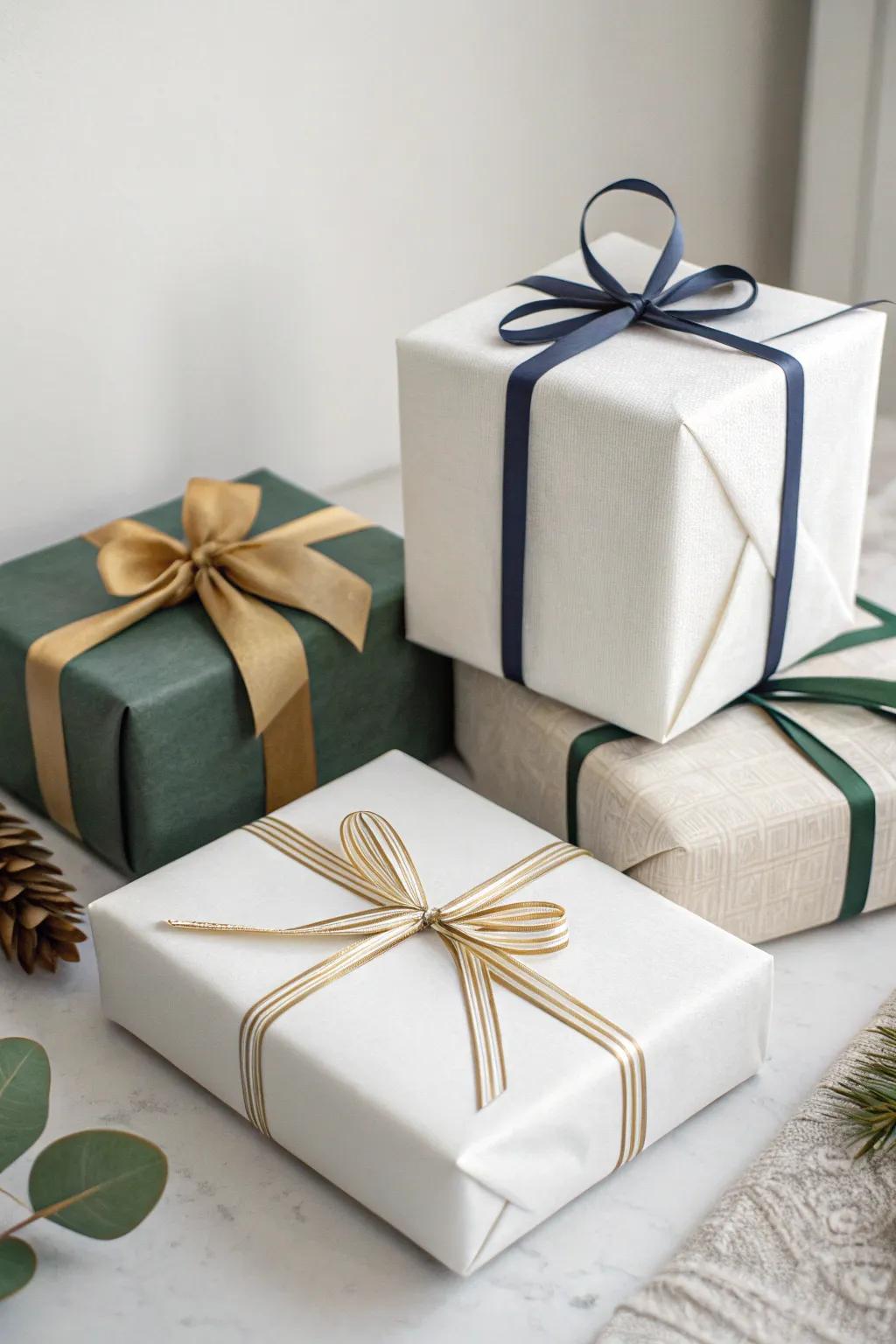 Chic minimalist gifts wrapped with simple refinement.