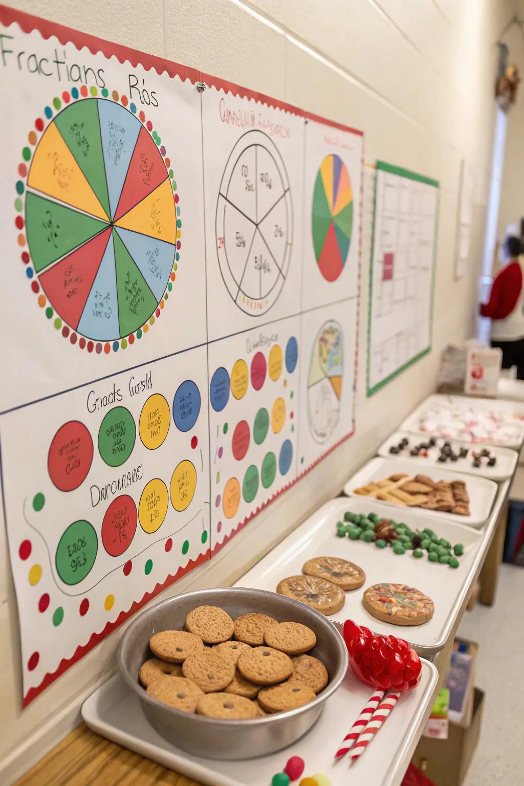 Fractions transform into festive elements with holiday-themed visuals.