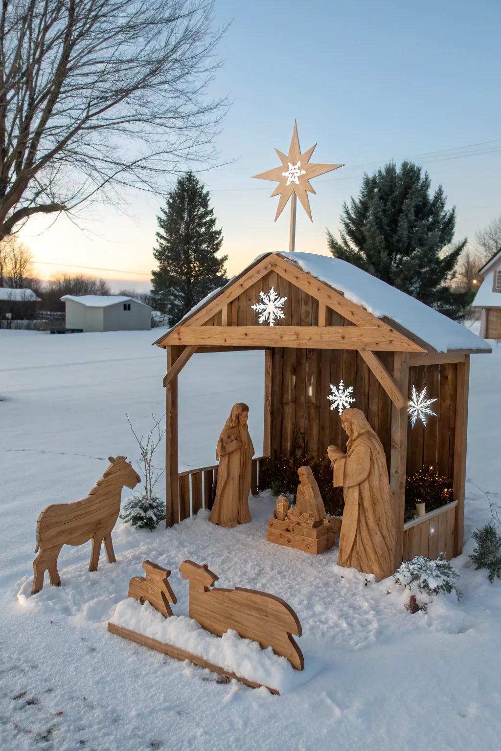 Capture the sentiment through a pallet Nativity panorama.
