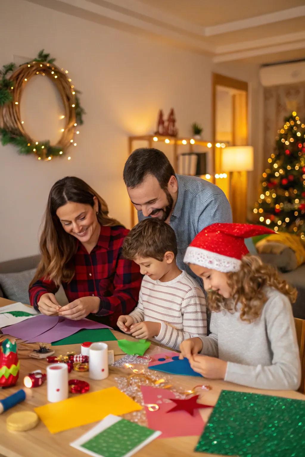 A family engaged in crafting handmade ornaments, adding a personal touch to holiday decorations.
