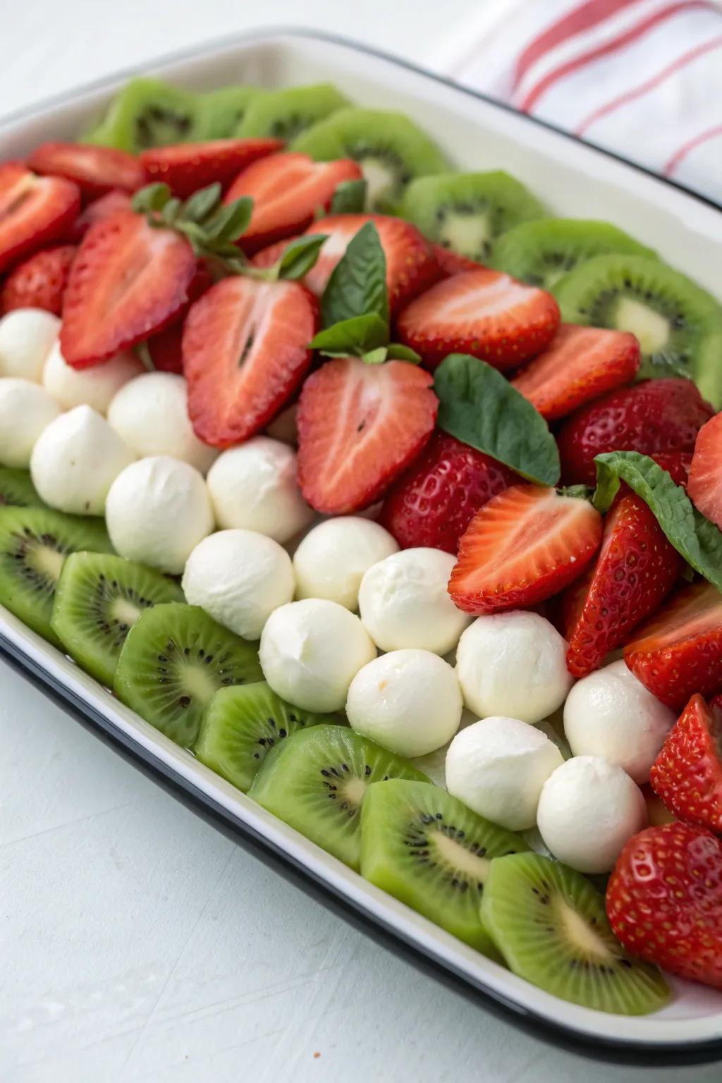 A festive food arrangement incorporating traditional Christmas colors.