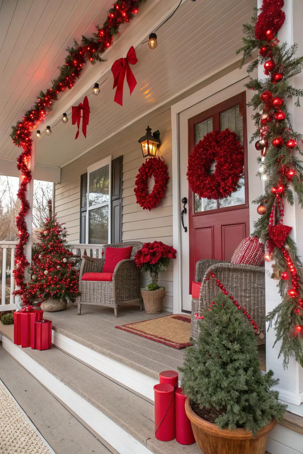 Scarlet touches bring vibrant holiday cheer.