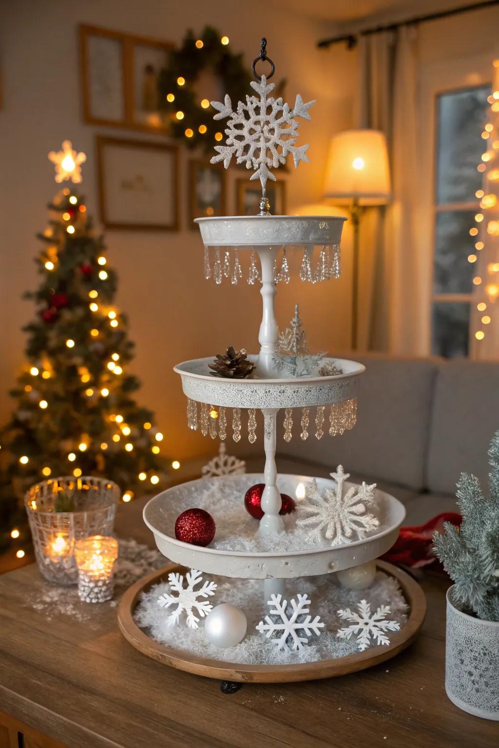 A sparkling winter wonderland on a tiered stand.