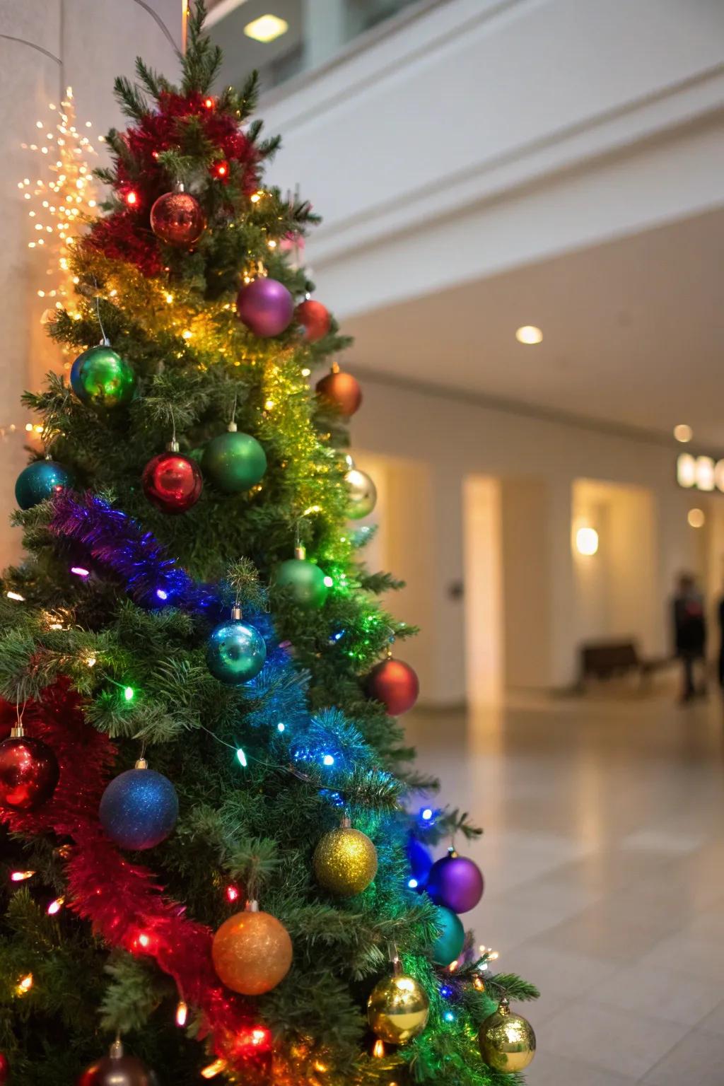 A radiant rainbow Christmas tree brimming with festive cheer.