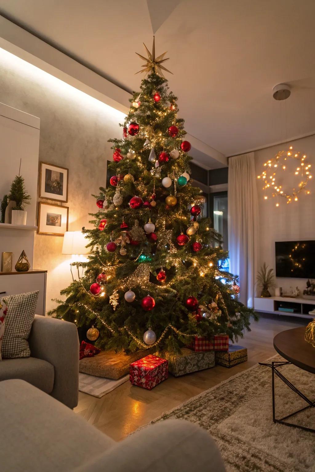 A unique Christmas tree adorned with eclectic ornaments and colorful lights, showcasing artistic elegance.