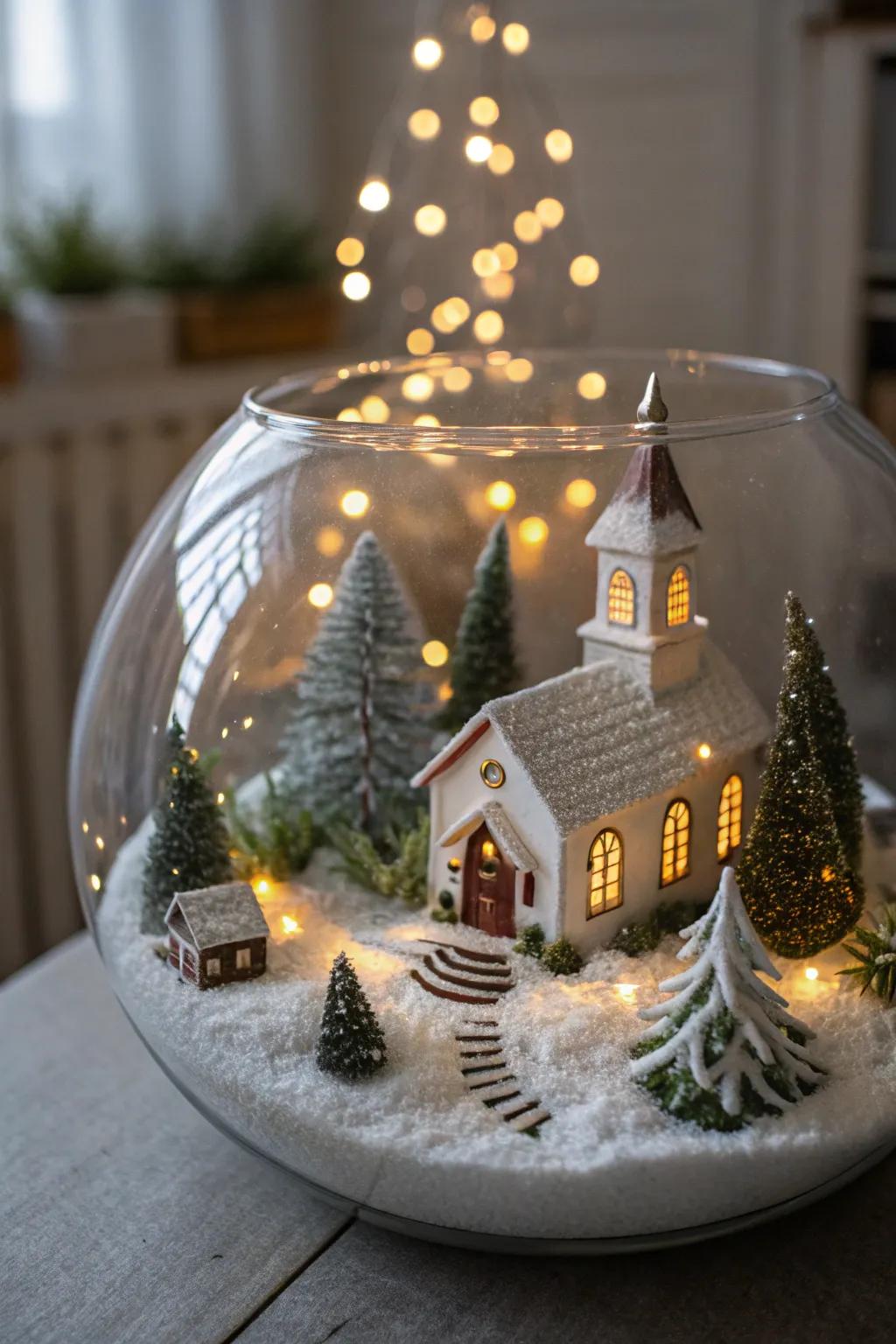 A terrarium offers a whimsical and protected environment for a Christmas village.