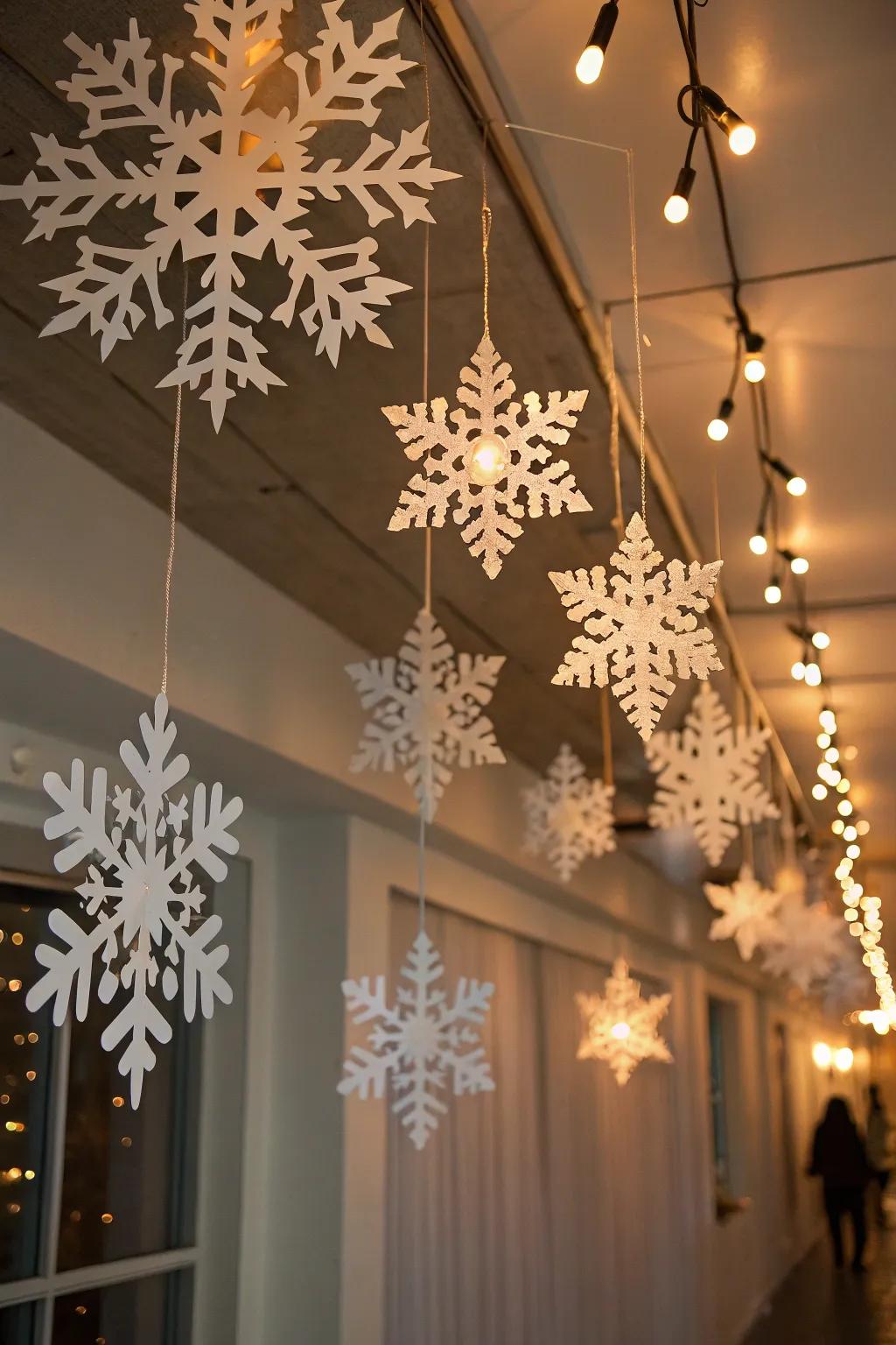 Enchanting paper snowflakes create a wintery feel.