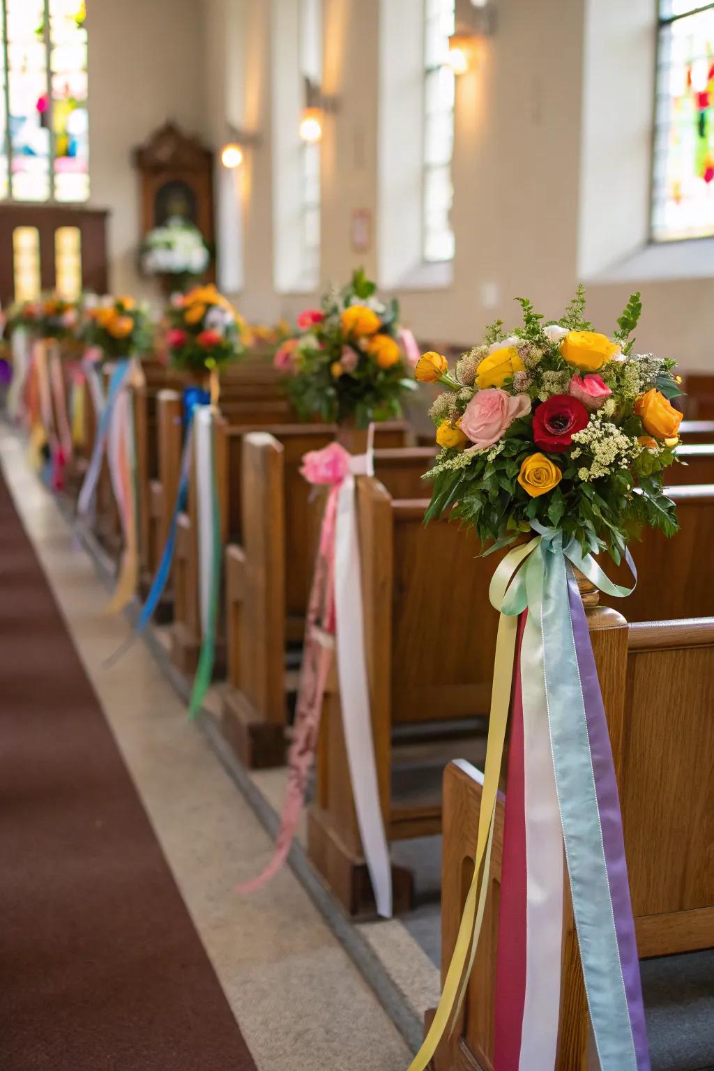 Church pews decorated with ribbons and blossoms.