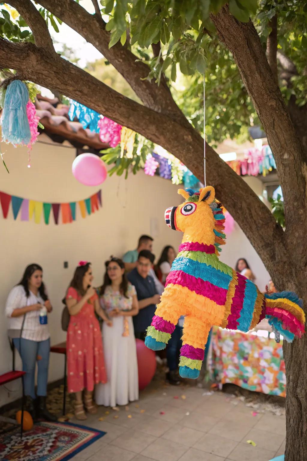 A vibrant piñata ready for party guests to enjoy.