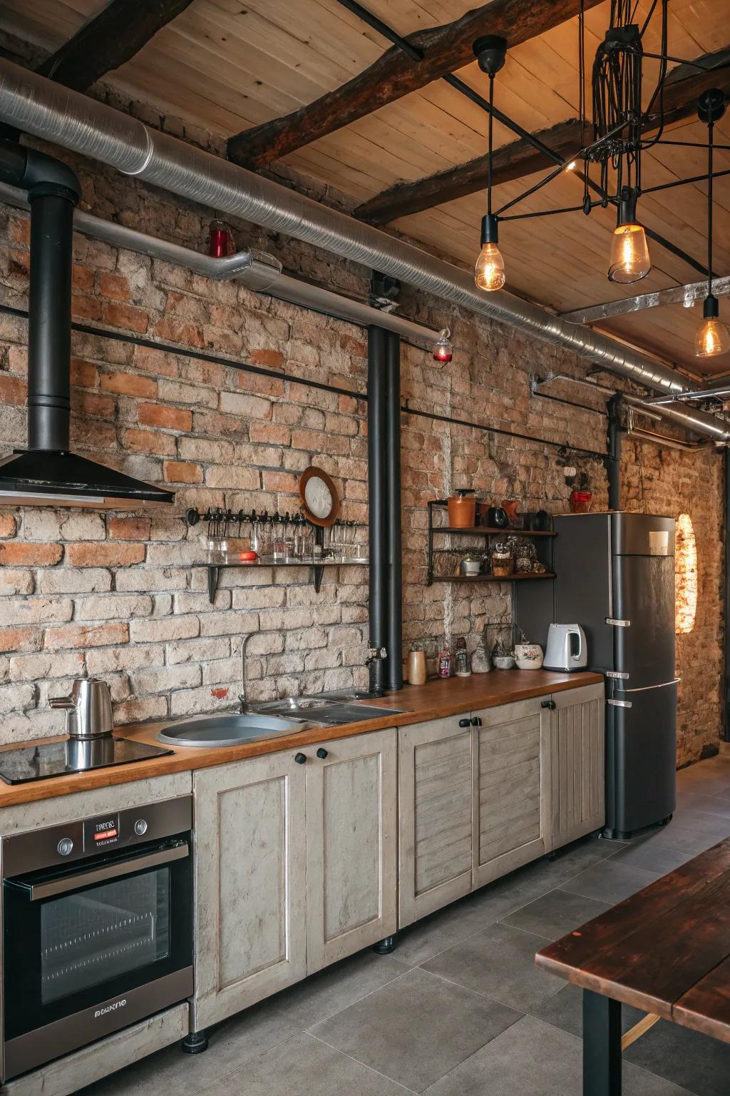 A brick-look backsplash adds rustic charm to this kitchen.