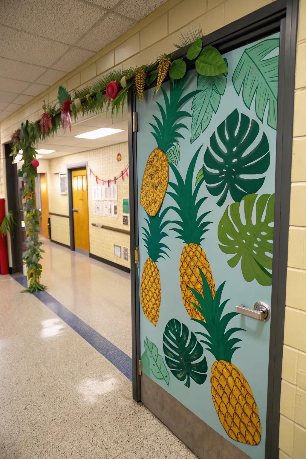 A pineapple-themed classroom door featuring tropical accents.