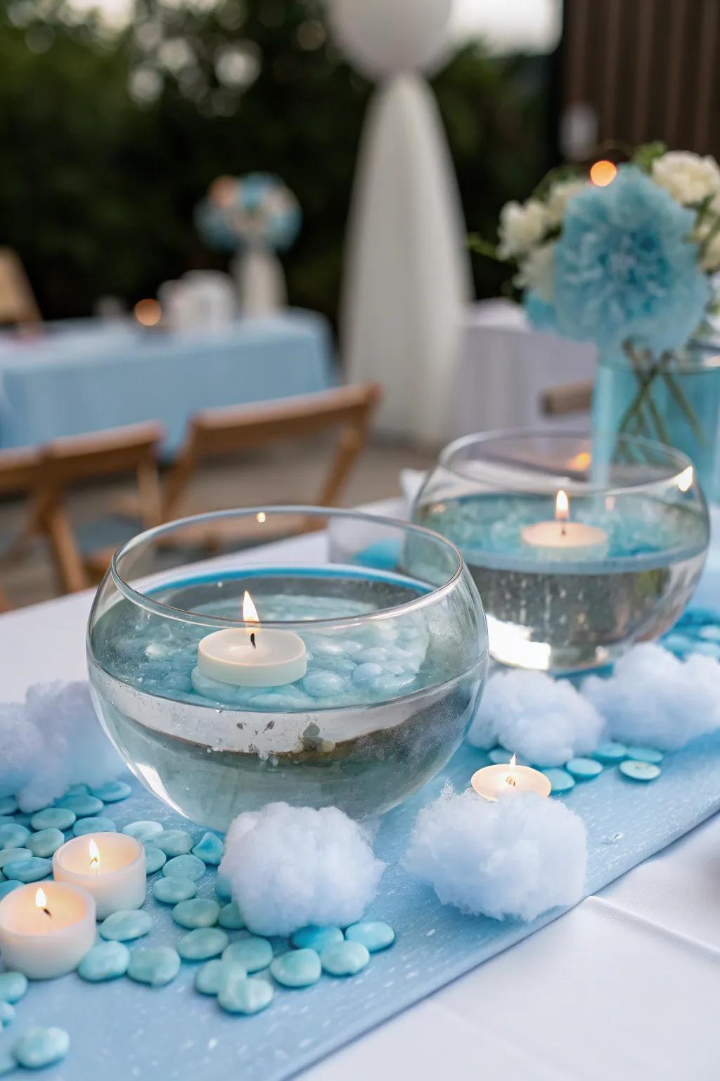 Submerged candles fashion a serene ambiance, evocative of clouds on a gentle lake.