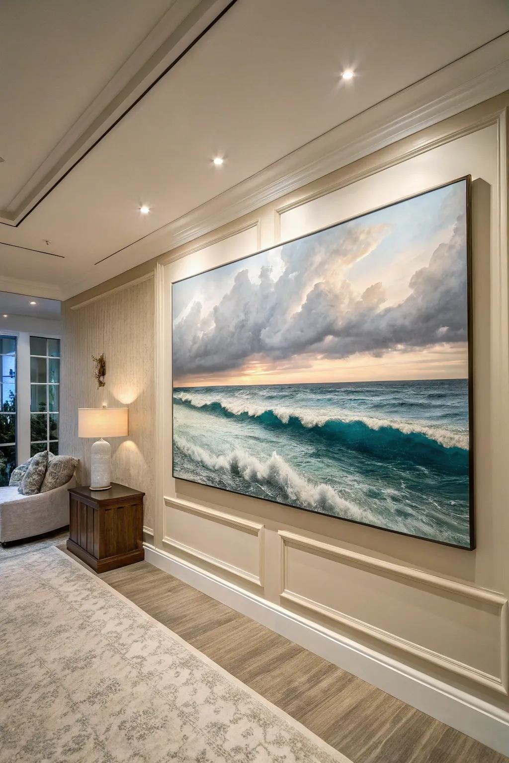 Seaside-themed art providing a calming coastal feel.