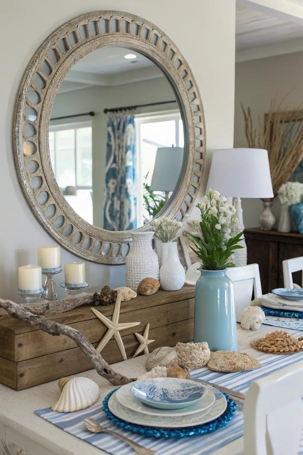 Mirrors add spaciousness and amplify coastal elements.