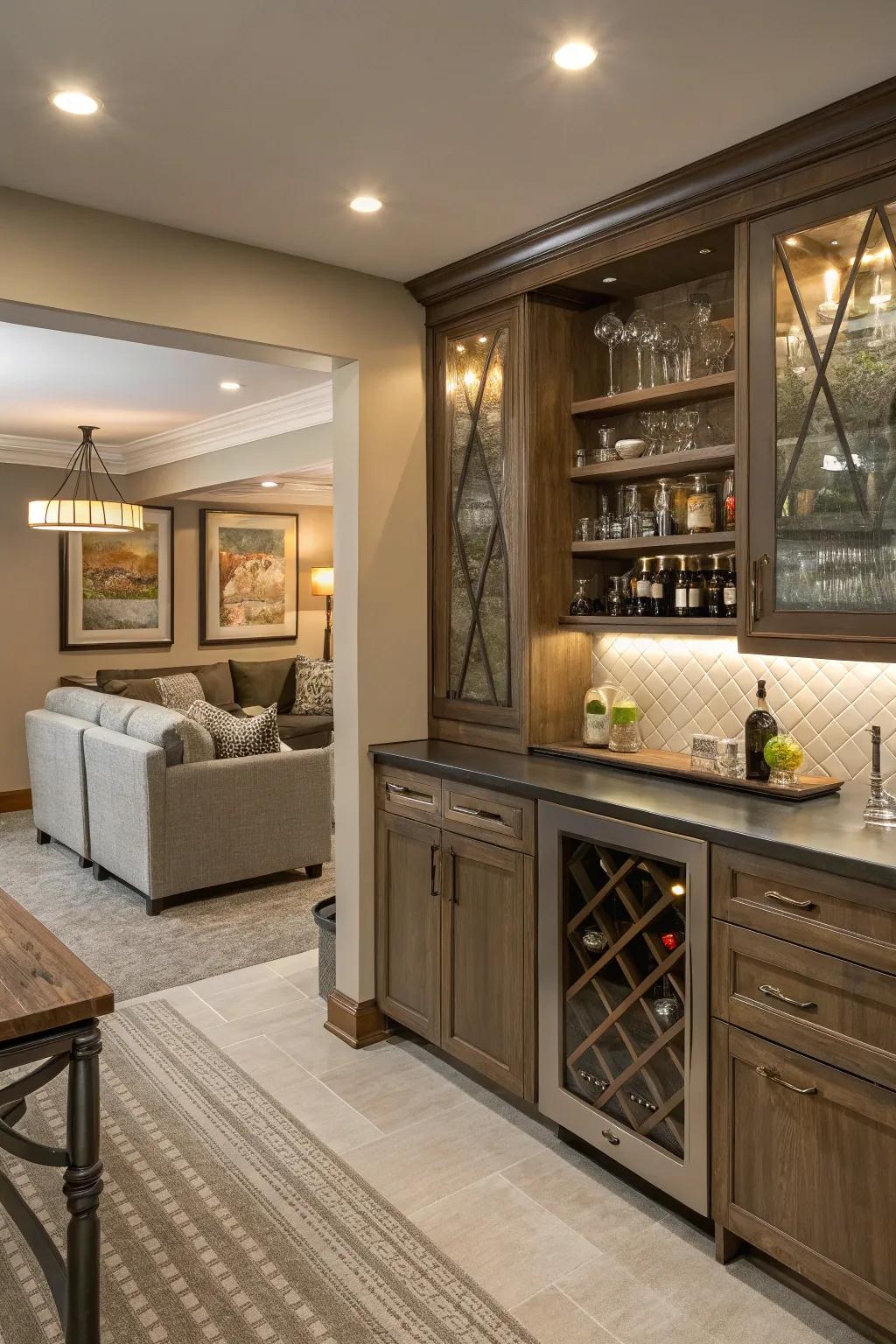 Discreet storage keeps your bar area tidy and streamlined.