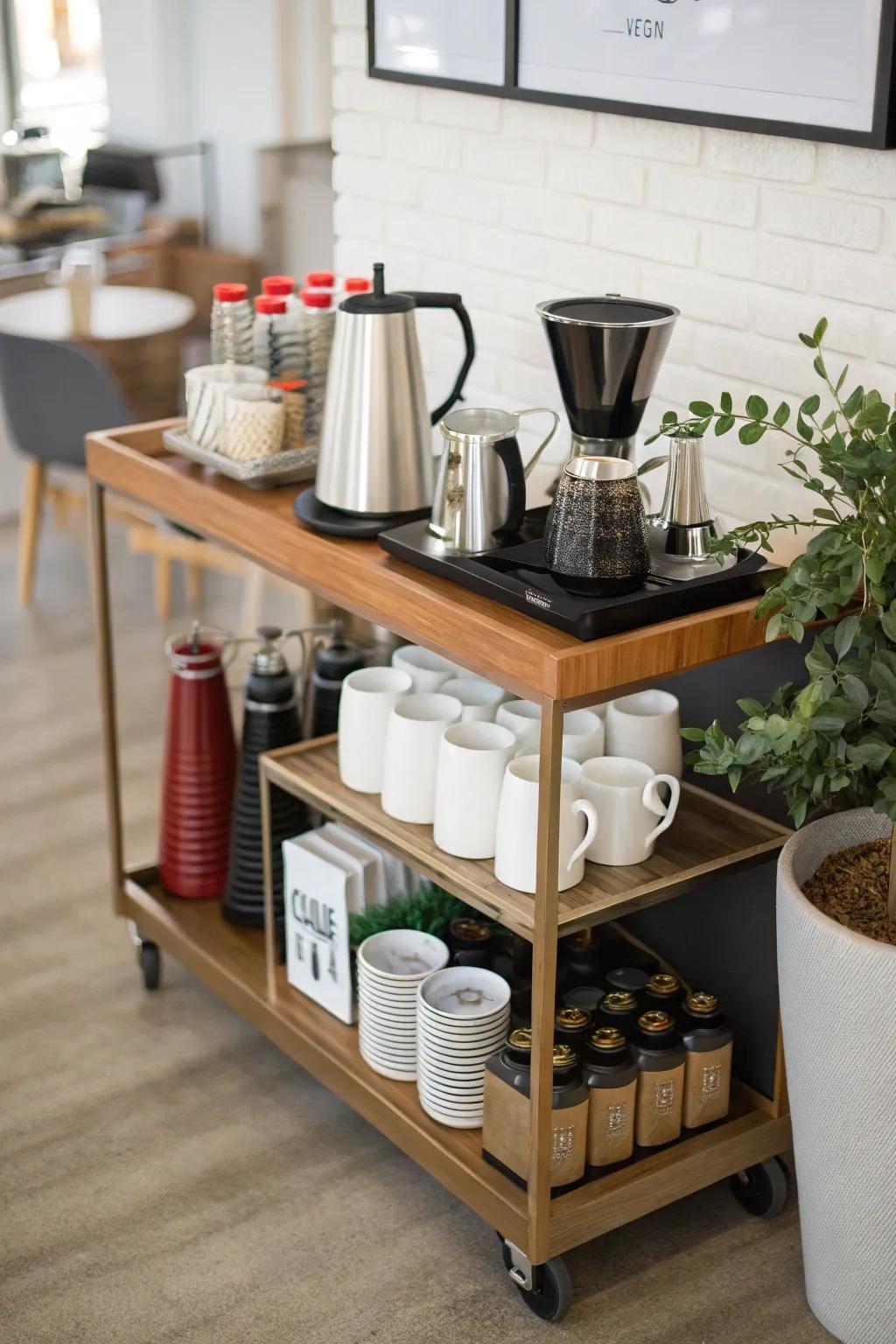 An adaptable coffee cart for serving and safekeeping.