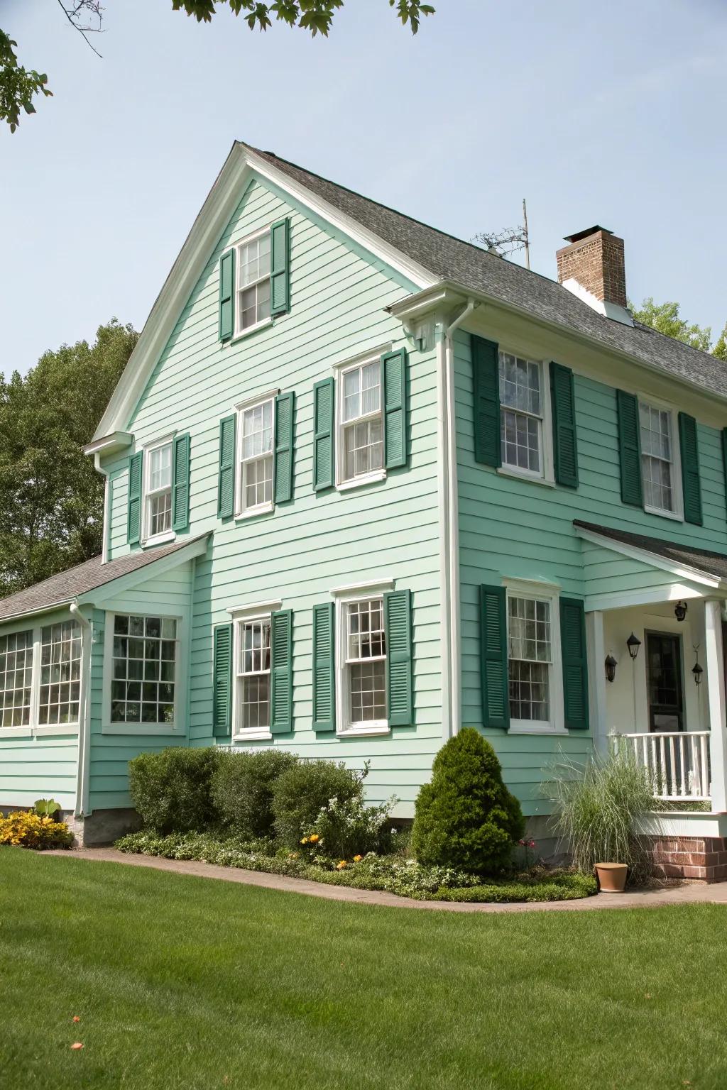 A colonial house with a fresh twist, featuring mint paneling and hunter verdant window coverings.