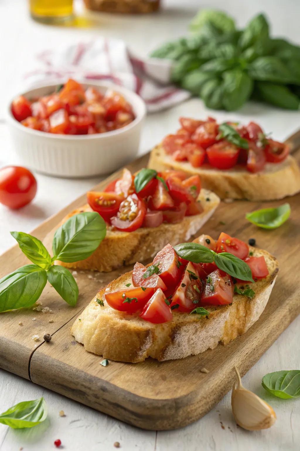Savory tomato-based bruschetta offering an explosion of flavor and color.