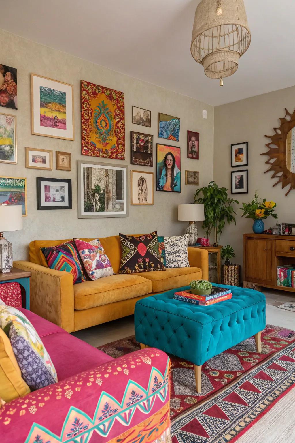 Personalized artistry pieces add a unique flair to this vibrant living room.