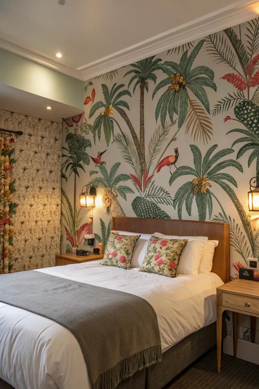 Distinctive wall coverings add shade and texture to this bedroom.