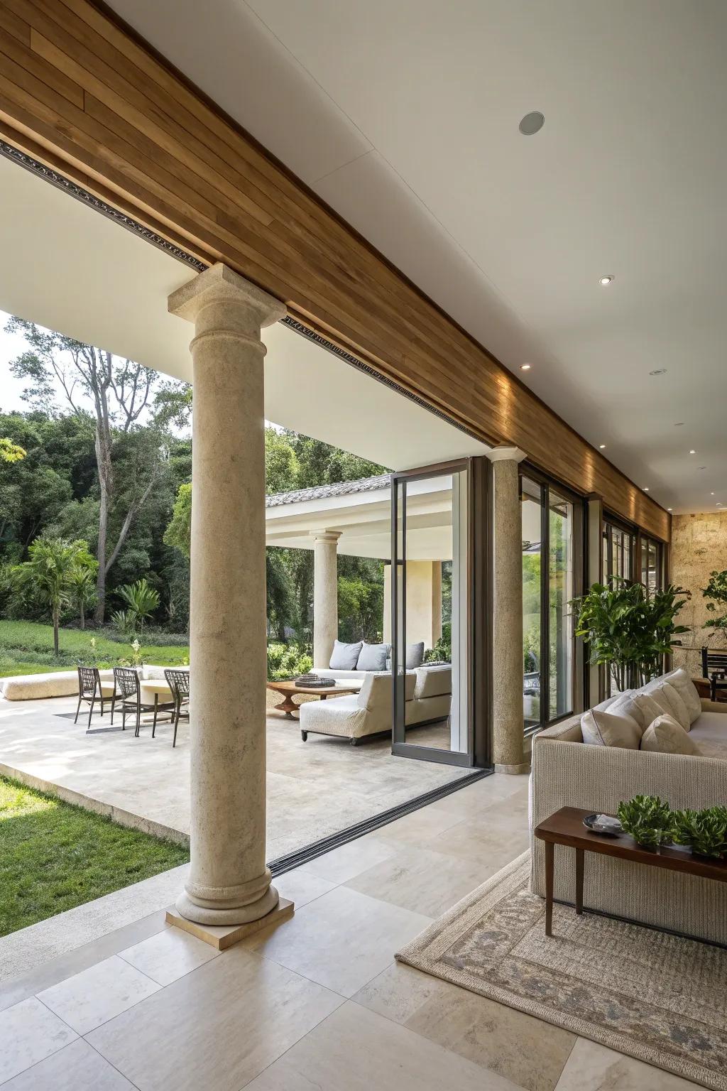 Continuous columns create a seamless flow between indoor and outdoor spaces.