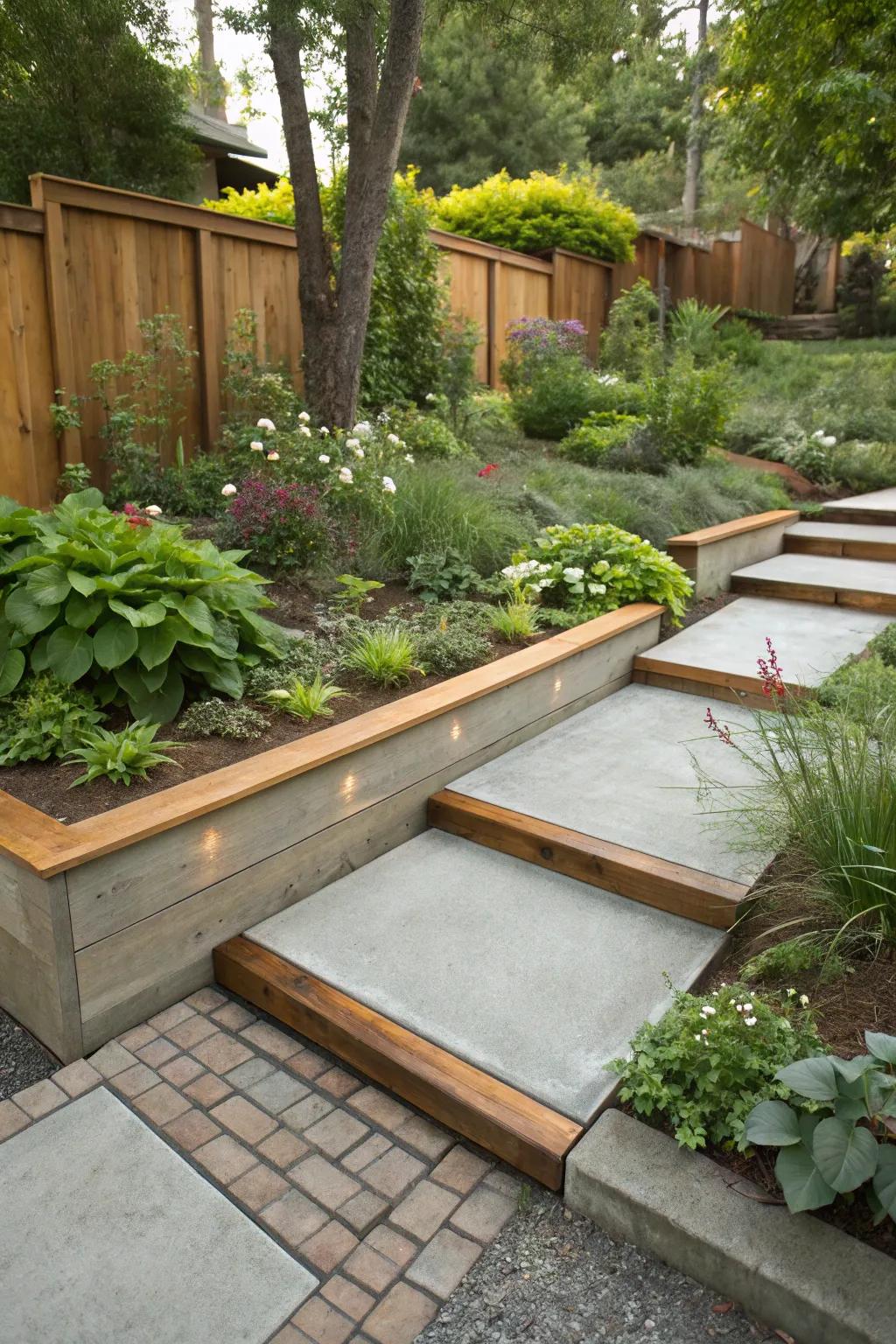 Wood features soften the look of concrete borders.