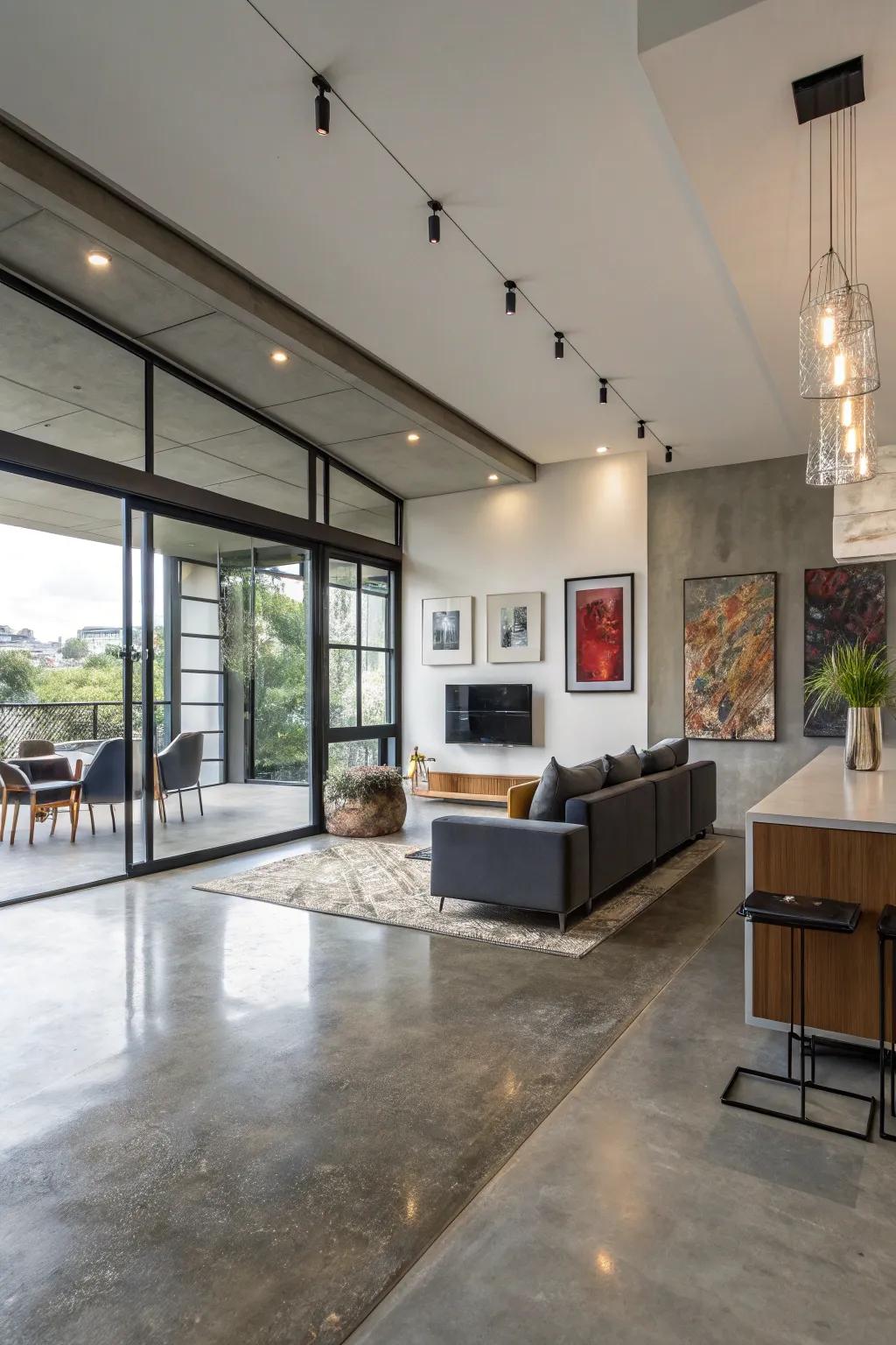 Variegated concrete floors create depth and subtly define spaces.