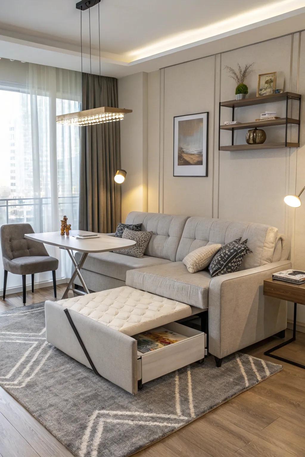 Multi-functional furniture in a condo, including a sofa bed and an expandable table.