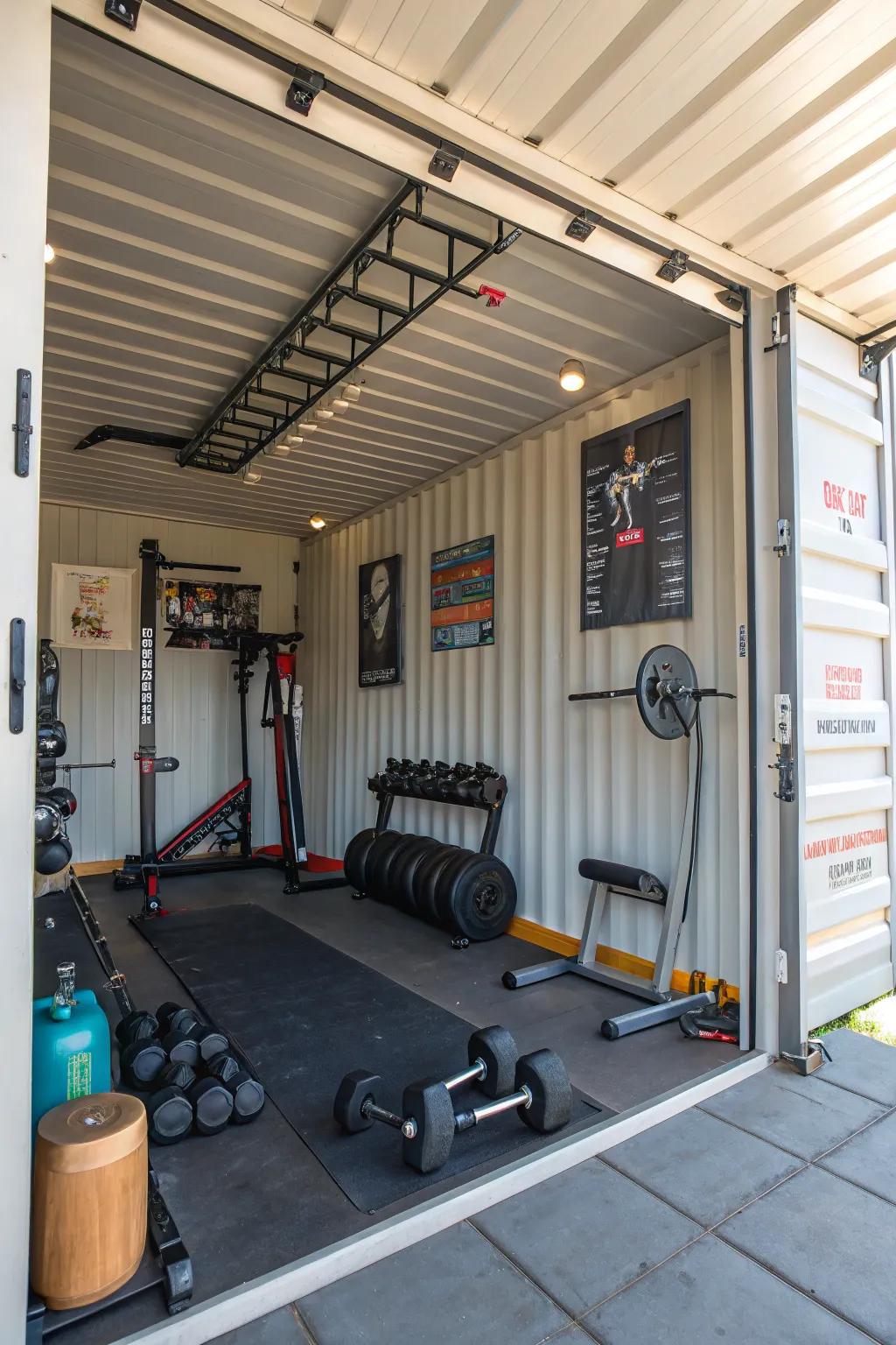 Create a personal gym space inside a shipping container, ideal for daily fitness.