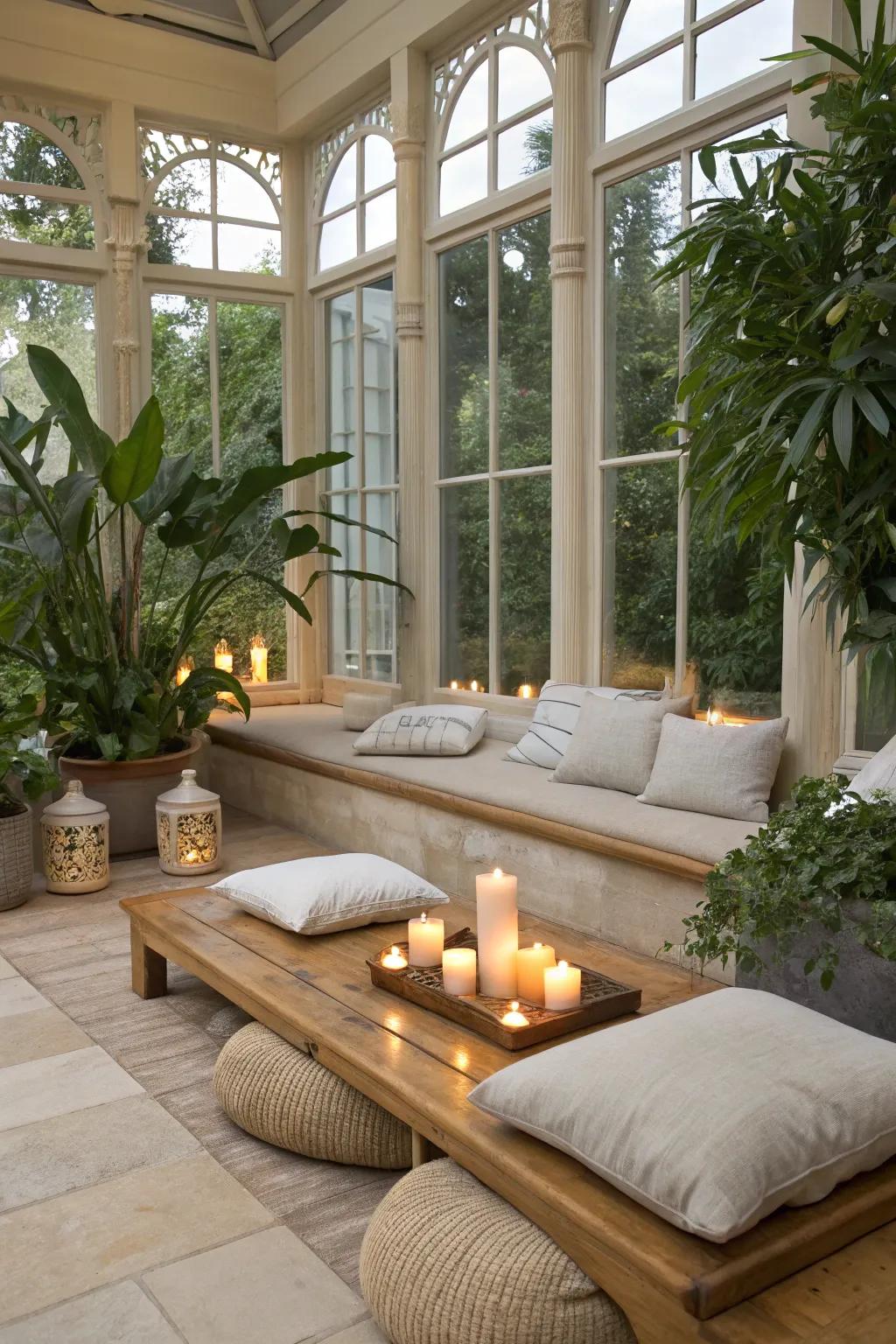 A peaceful contemplation space in a sunroom.