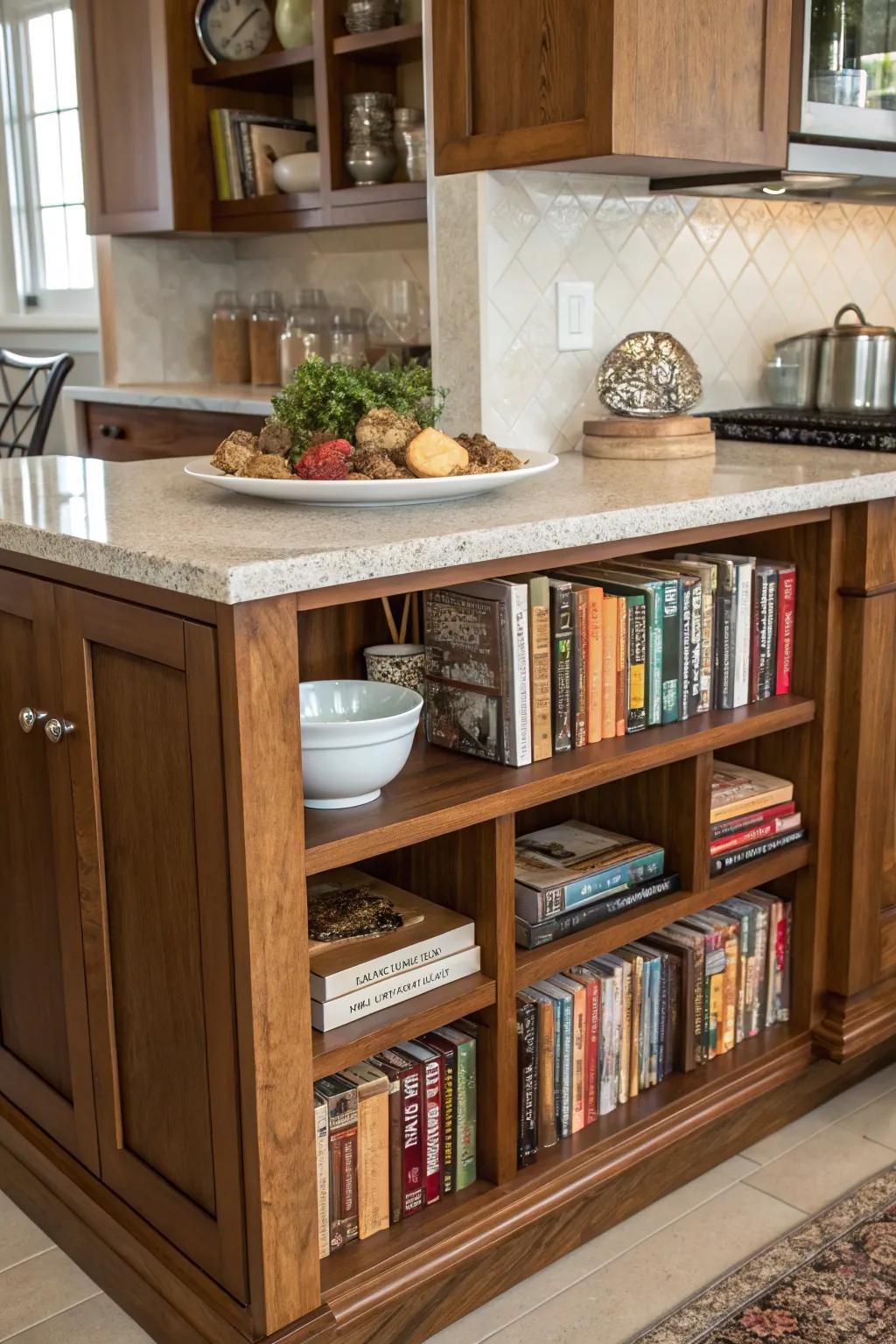 A counter-height bookcase blends consistently into cooking area design.
