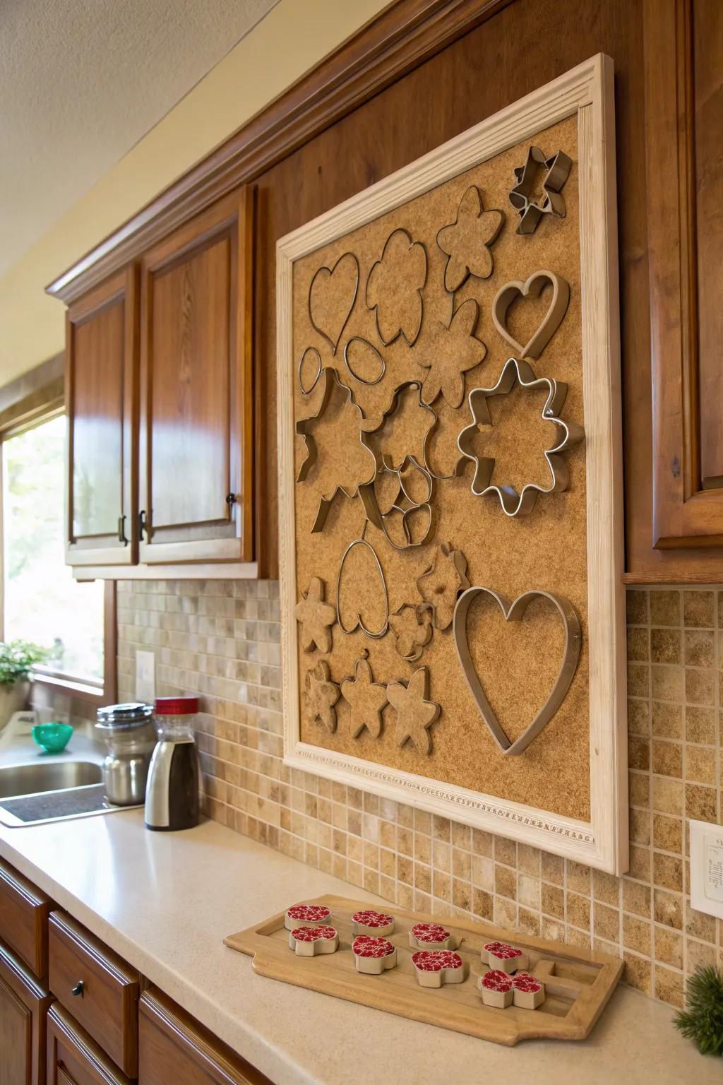 Cookie cutters arranged as wall artistry on a framed cork board.