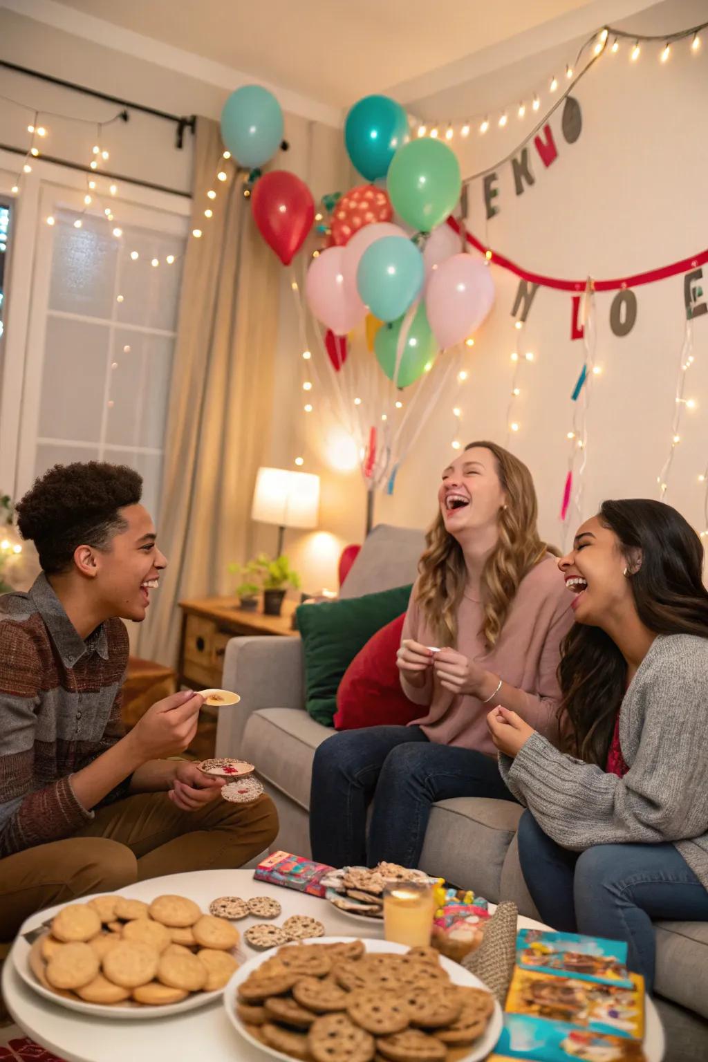Friends relishing a lively cookie swap game.