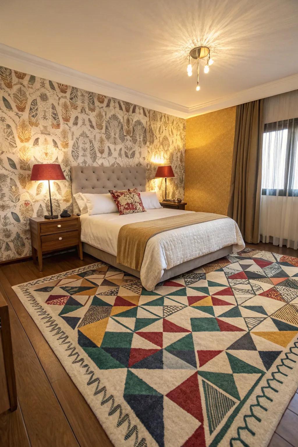 Geometric designs infuse the sleep space with modern energy and style.