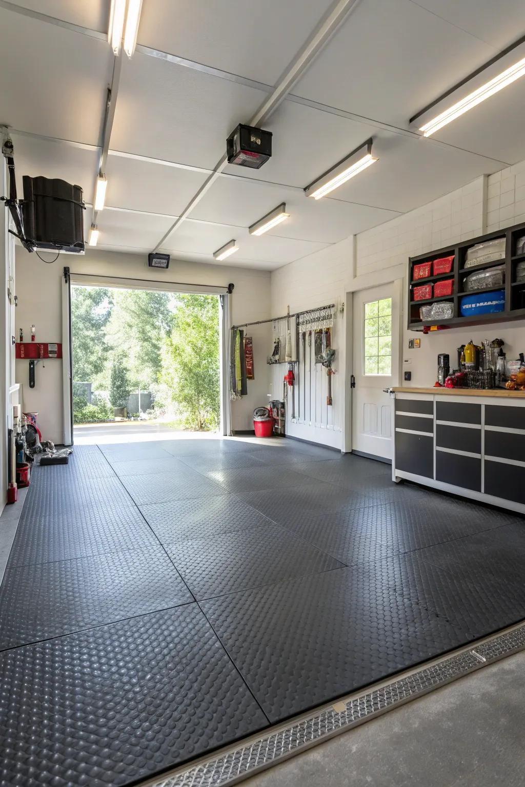 Rubber flooring proffers comfort and suppleness.