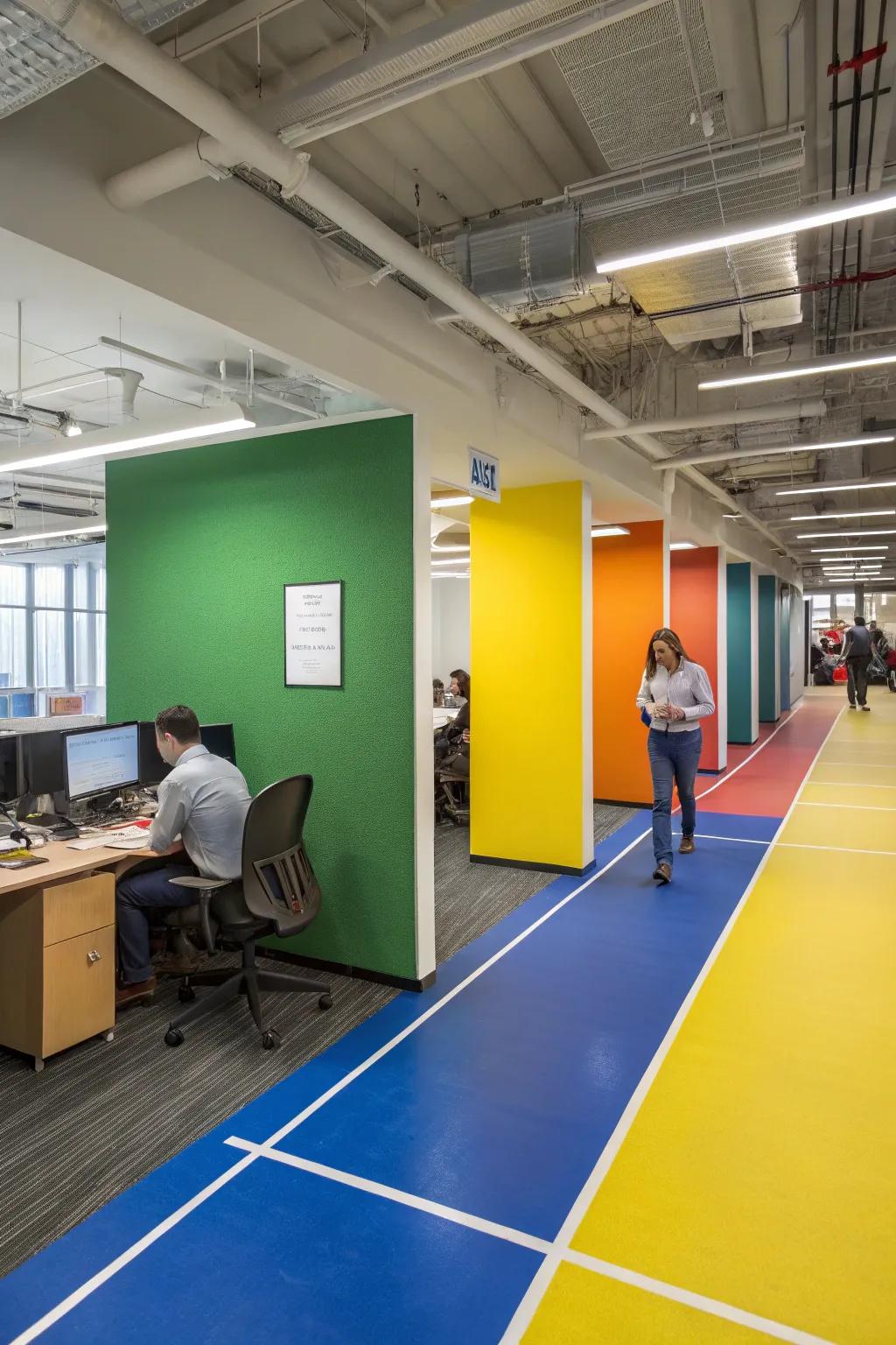 Office space with dynamic tones defining different areas.