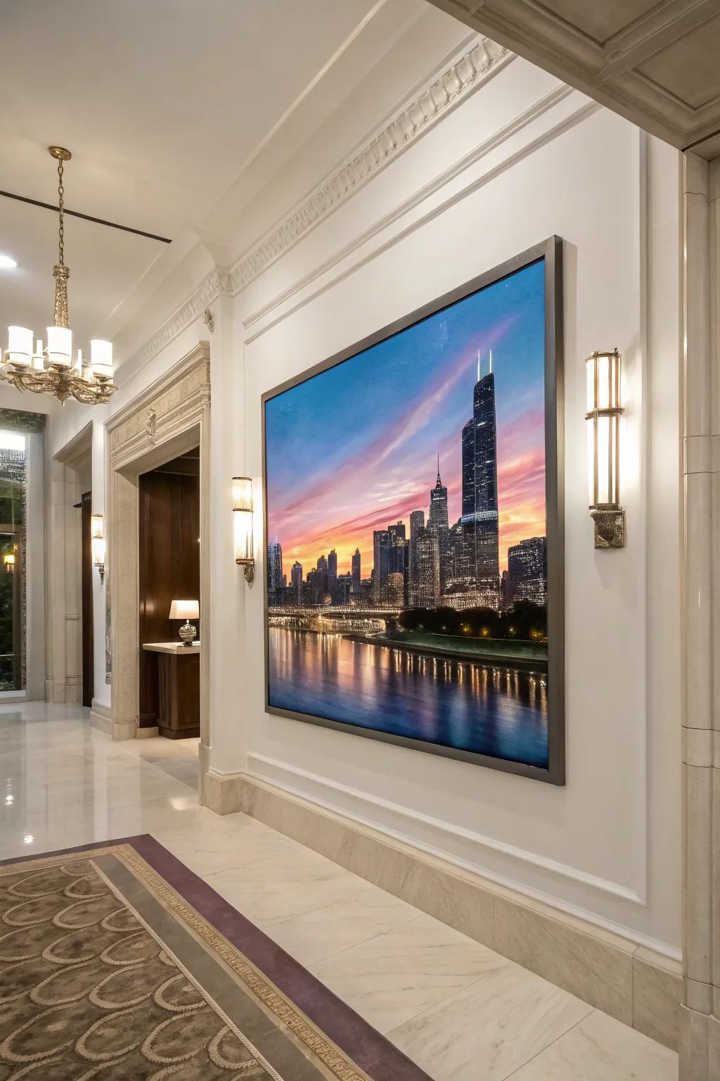 A metropolitan skyline painting introduces a sense of urban sophistication to your area.