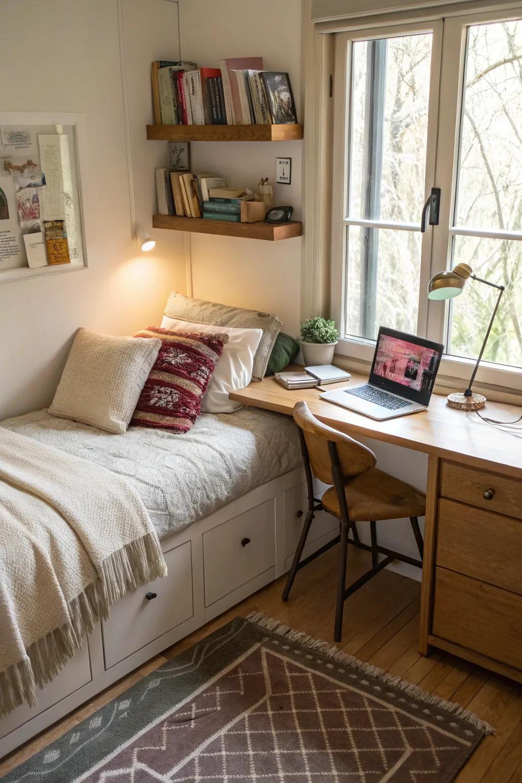 A desk beside a corner bed boosts function.