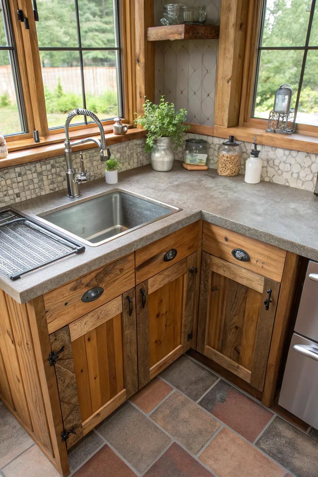 A mix of materials around a corner sink, showing off unique kitchen design.