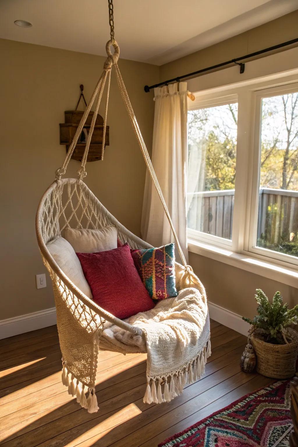 A swing chair adds a fun and relaxing vibe to the corner.