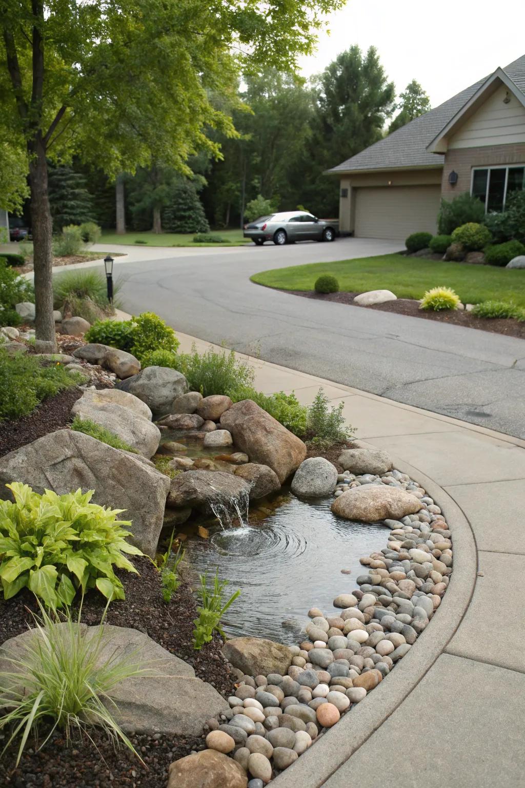 A soothing water feature enriching driveway atmosphere.