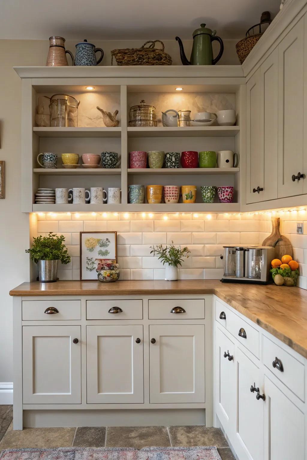 Fused ledges contribute to a personalized kitchen storage vibe.