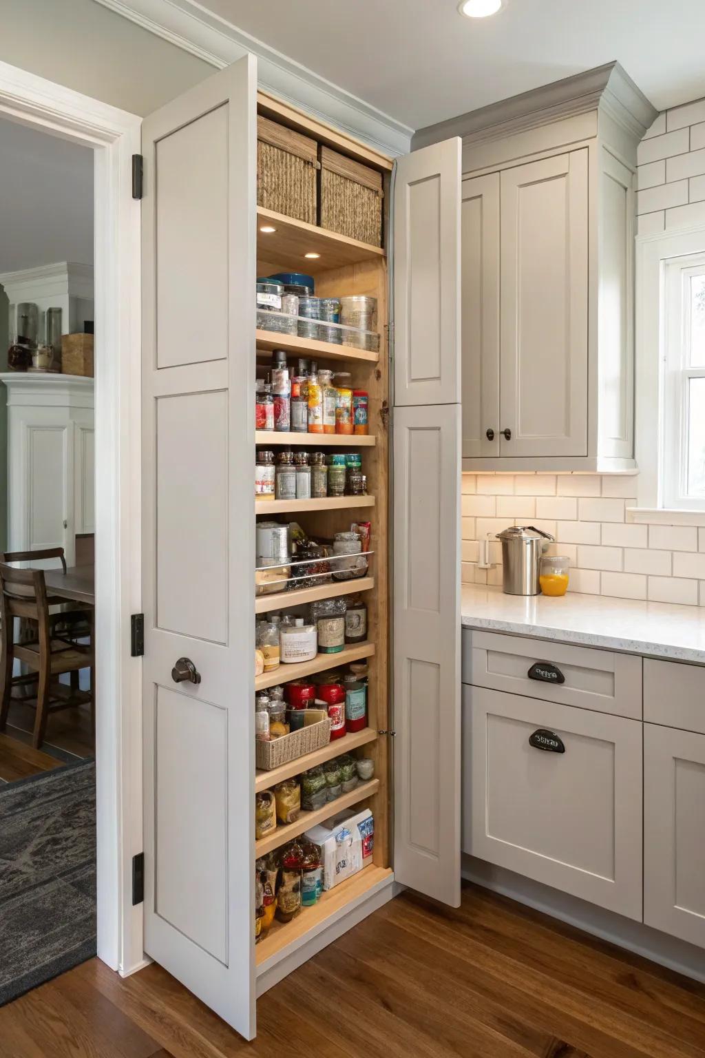A hidden corner pantry door provides a streamlined storage solution.
