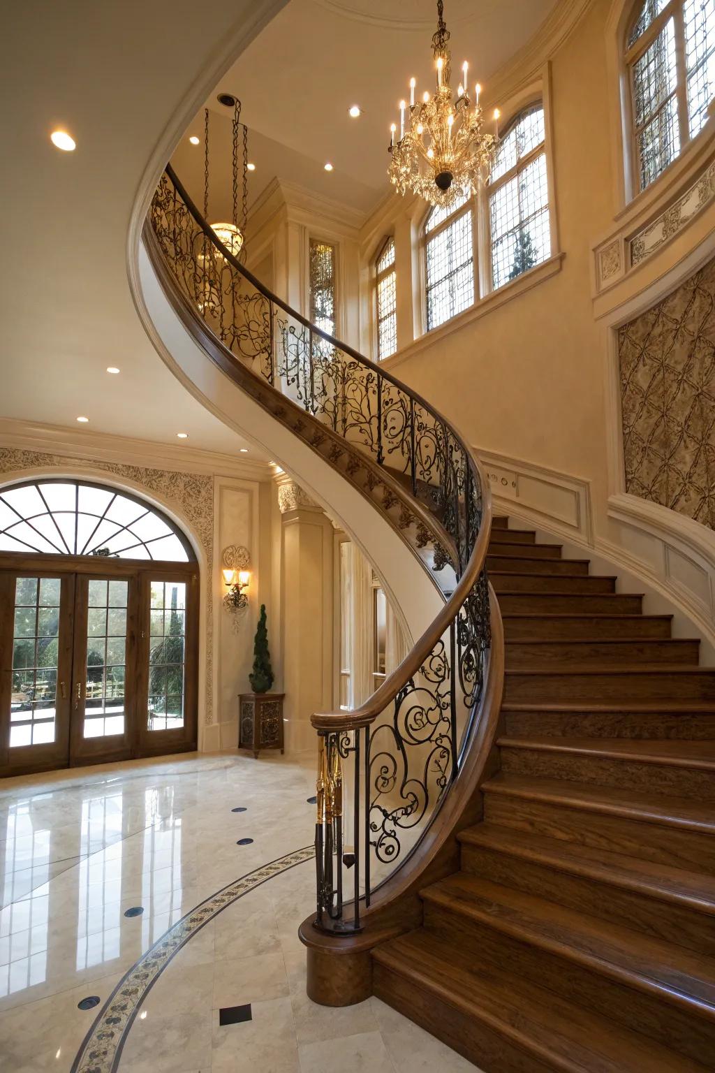 Winding staircases bring elegant motion to corners.