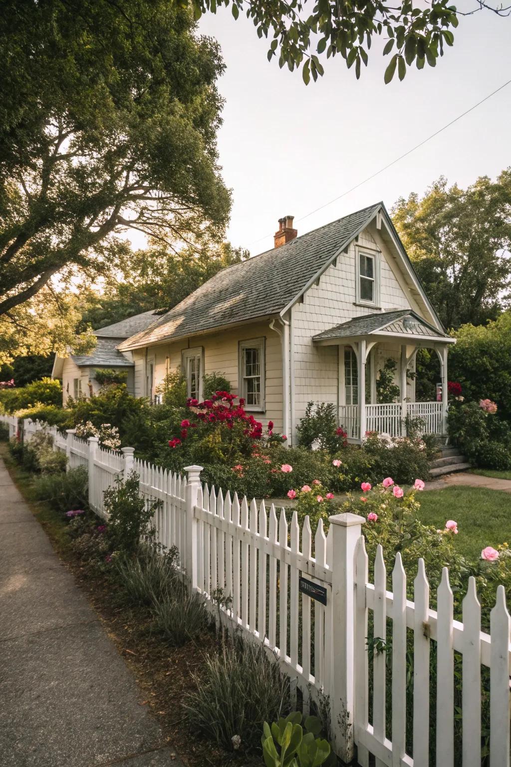 A white picket boundary appends classic charm to a cottage facade.