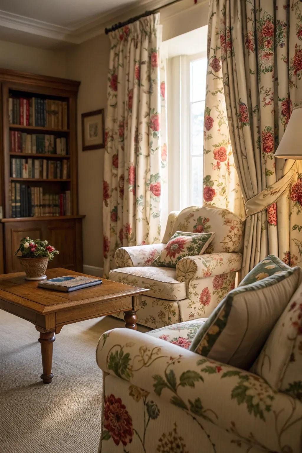 Floral designs add a refreshing and vibrant touch to the living room.