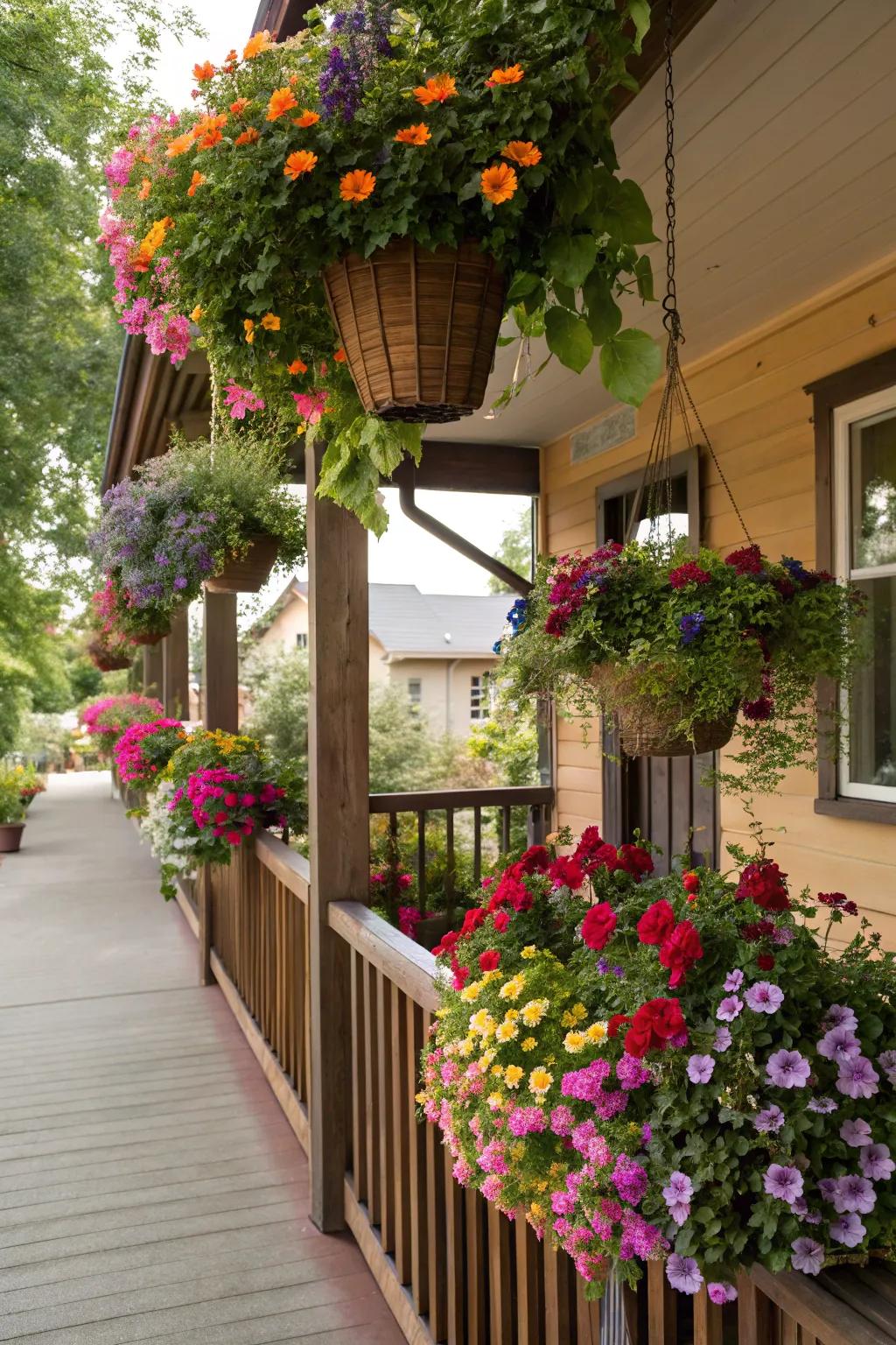 Hanging planters add lush vertical interest to your porch.