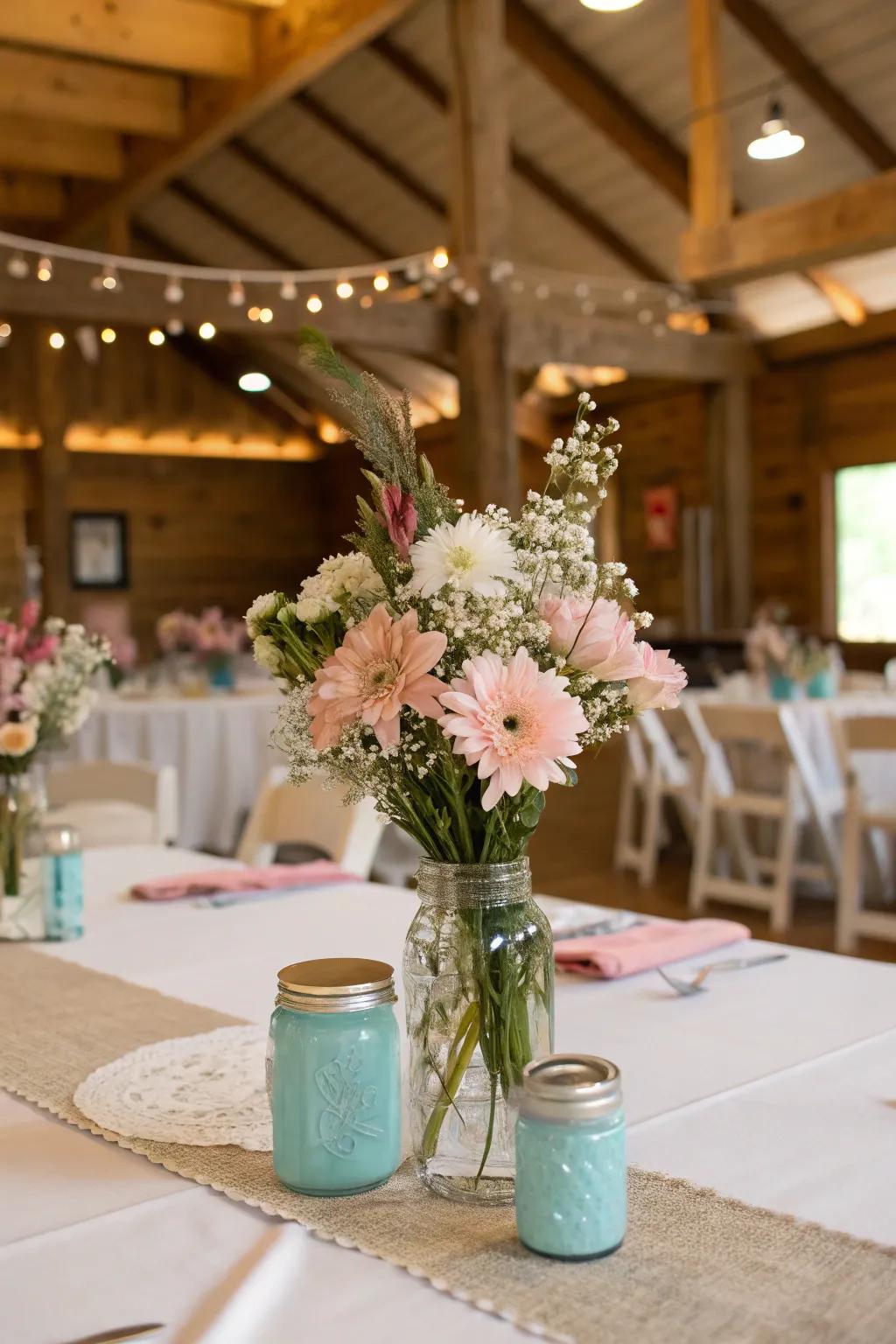 An unpolished wedding table featuring preserve vessel flower showpieces.