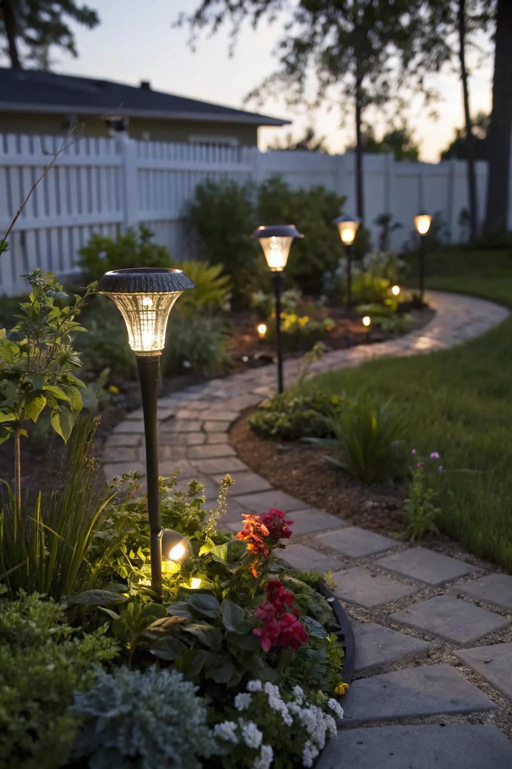 Sun garden posts brighten the patio plants.